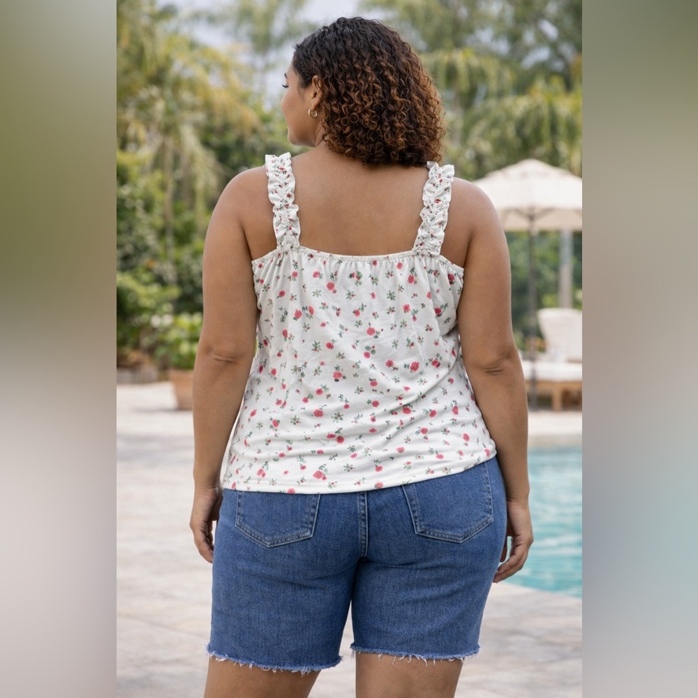 White Birch Ivory Floral Ruffle Sleeve Knit Top | Size XL - Picture 3 of 9